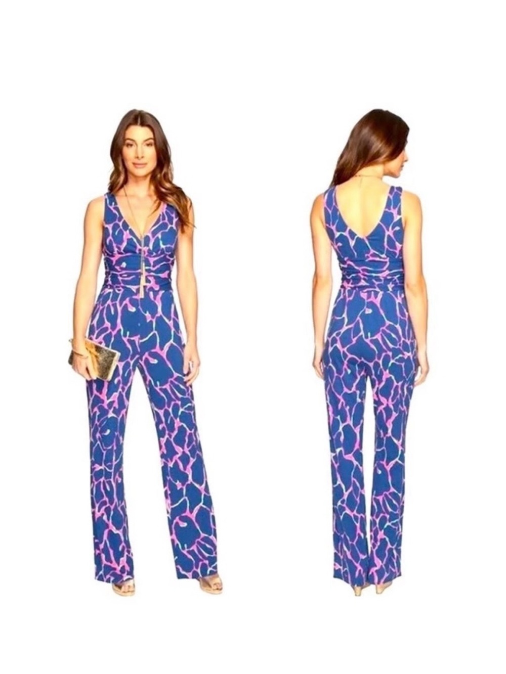 Lilly Pulitzer Blue and Pink V-Neck Printed Jumpsuit